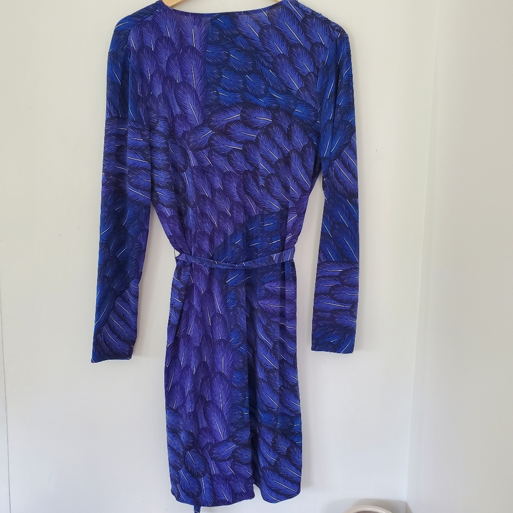 MARA HOFFMAN GYPSY M Blue Feather Print Faux Wrap 39" Dress LS Party Office EUC - Picture 9 of 13